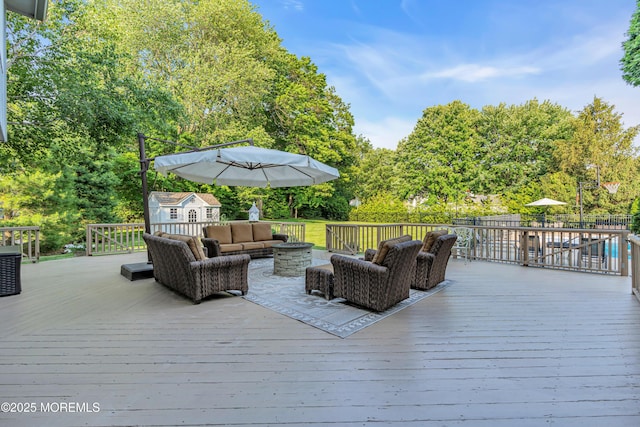3058 Governors Xing, Wall, NJ 07719 - wooden terrace featuring outdoor lounge area, view of scattered trees, and an outbuilding
