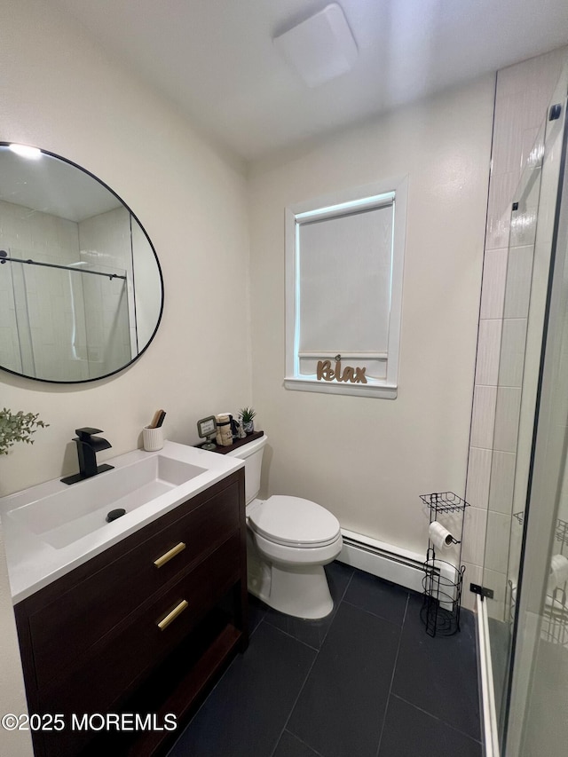 31 Guadeloupe Dr, Toms River, NJ 08757 - full bathroom with a baseboard radiator, vanity, tile patterned floors, and a tile shower