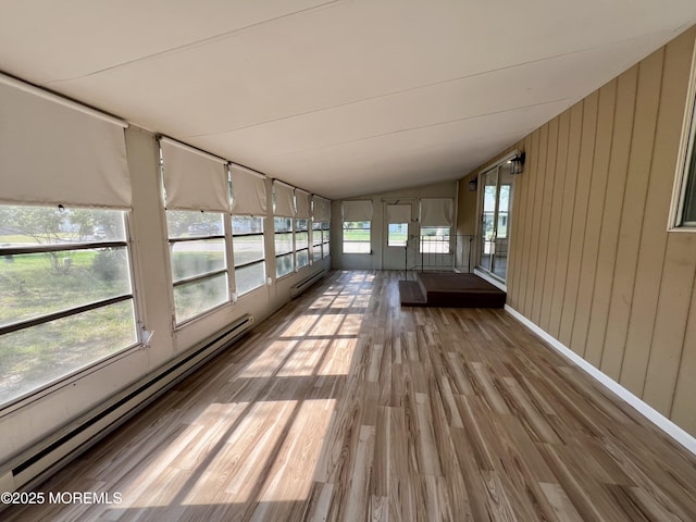 31 Guadeloupe Dr, Toms River, NJ 08757 - unfurnished sunroom with lofted ceiling, a baseboard radiator, wood finished floors, and wooden walls