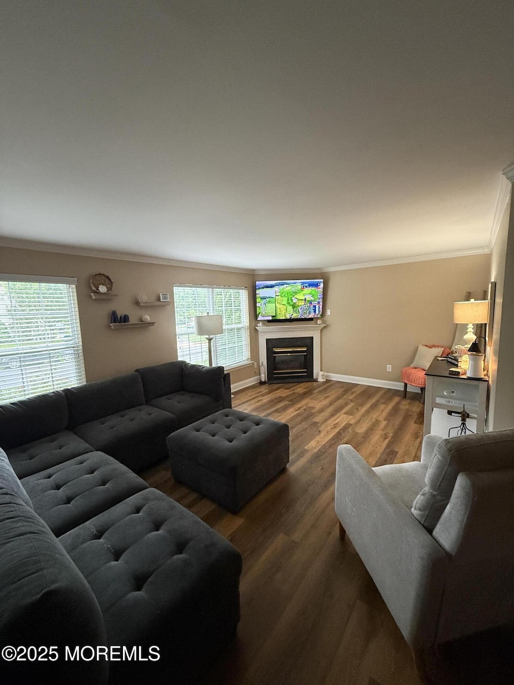 455 Deuce Dr, Wall, NJ 07719 - living room featuring ornamental molding, wood finished floors, and a fireplace