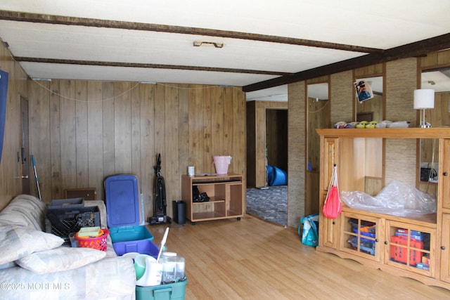 146 Mockingbird Way, Whiting, NJ 08759 - living area featuring wooden walls, wood finished floors, and beamed ceiling
