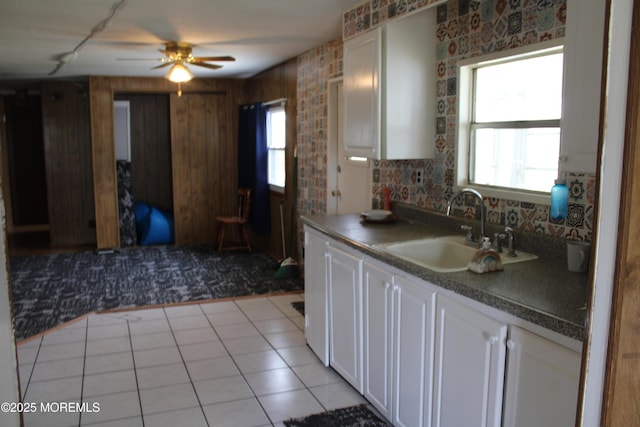 146 Mockingbird Way, Whiting, NJ 08759 - kitchen with white cabinetry, ceiling fan, dark countertops, and light tile patterned flooring