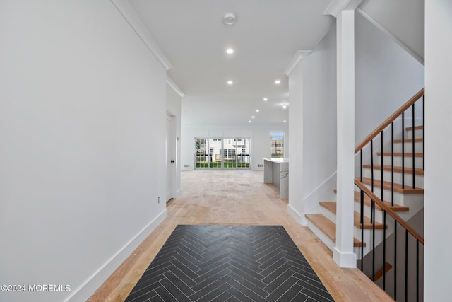 143 Stokes Pl, Long Branch, NJ 07740 - hall featuring recessed lighting, crown molding, light wood-style flooring, and stairway