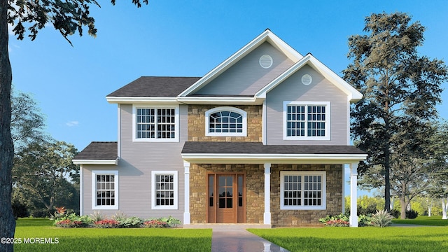 182 Parsonage Rd, Edison, NJ 08837 - traditional home featuring stone siding, a front yard, and a shingled roof