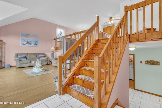 26 Shasta Ln, Toms River, NJ 08753 - staircase featuring a ceiling fan and vaulted ceiling