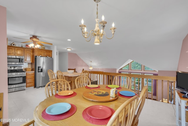 26 Shasta Ln, Toms River, NJ 08753 - dining area with ceiling fan, lofted ceiling, and a chandelier