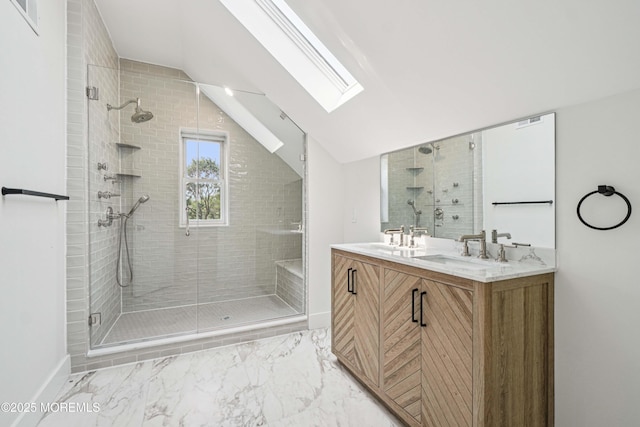 24 Tuers Pl, Upper Montclair, NJ 07043 - bathroom with a skylight, vaulted ceiling, a stall shower, double vanity, and marble look tile flooring