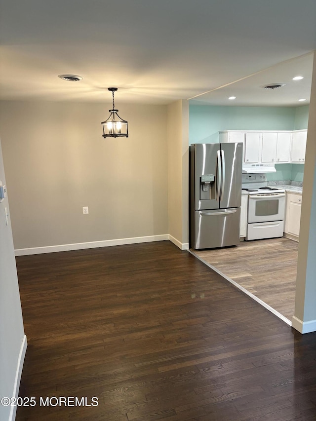 2211 Yorktowne Blvd, Toms River, NJ 08753 - kitchen featuring stainless steel refrigerator with ice dispenser, electric stove, white cabinetry, recessed lighting, and dark wood-style flooring
