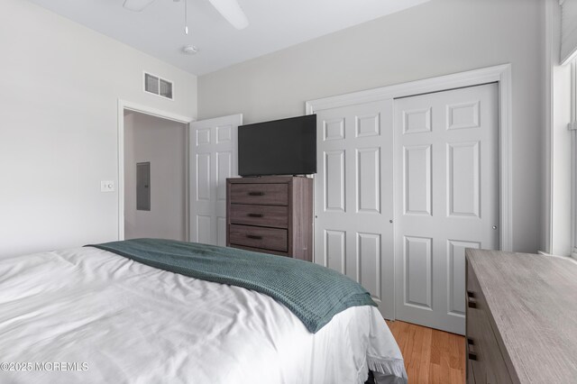 22 Cooper Ave Unit 113, Long Branch, NJ 07740 - bedroom with electric panel, a closet, light wood-style flooring, and ceiling fan