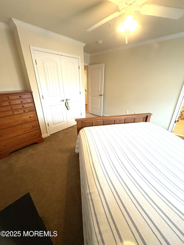 119 Dupont Ave Unit 10, Seaside Heights, NJ 08751 - bedroom with ornamental molding, dark carpet, a closet, and a ceiling fan