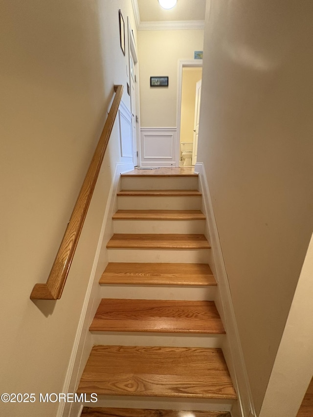 119 Dupont Ave Unit 10, Seaside Heights, NJ 08751 - stairway with crown molding, a wainscoted wall, and a decorative wall
