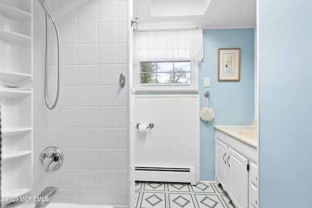 5 Poplar St, Jackson, NJ 08527 - full bath featuring a baseboard heating unit, vanity, and shower / washtub combination