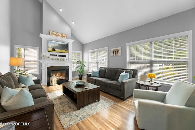 36 Sally St, Howell, NJ 07731 - living area with high vaulted ceiling, light wood-style floors, recessed lighting, and a glass covered fireplace