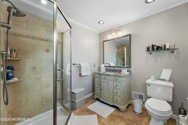36 Sally St, Howell, NJ 07731 - bathroom with crown molding, vanity, a shower stall, recessed lighting, and tile patterned flooring