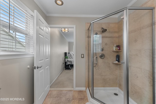 36 Sally St, Howell, NJ 07731 - full bathroom featuring ornamental molding, a stall shower, and tile patterned floors