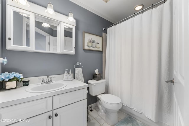 36 Sally St, Howell, NJ 07731 - bathroom featuring vanity, tile patterned flooring, ornamental molding, and a shower with curtain