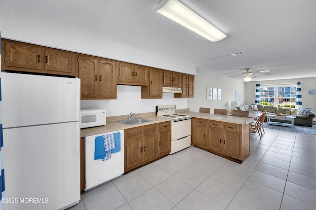 3100 Rte 35 Unit 6, Lavallette, NJ 08735 - kitchen with white appliances, a peninsula, under cabinet range hood, open floor plan, and light countertops