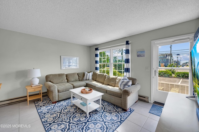 3100 Rte 35 Unit 6, Lavallette, NJ 08735 - living area with a baseboard heating unit, light tile patterned flooring, plenty of natural light, and a textured ceiling
