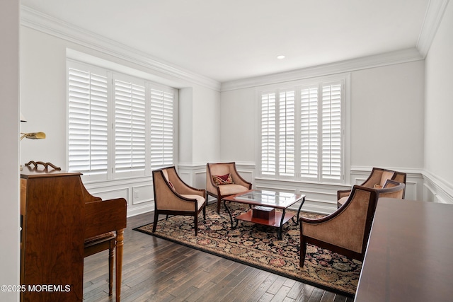 11 Potomac Ct, Freehold, NJ 07728 - sitting room featuring healthy amount of natural light, ornamental molding, a wainscoted wall, a decorative wall, and wood-type flooring