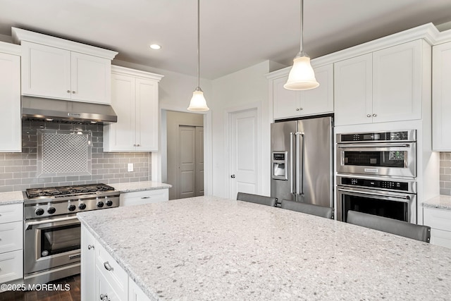 11 Potomac Ct, Freehold, NJ 07728 - kitchen featuring high end appliances, exhaust hood, decorative backsplash, white cabinetry, and recessed lighting