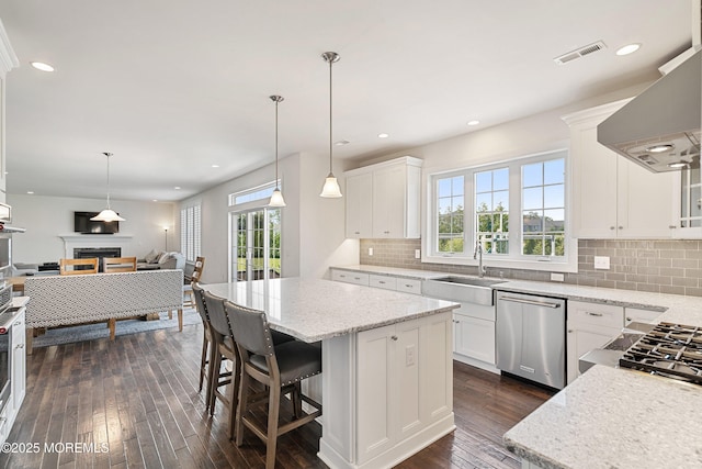 11 Potomac Ct, Freehold, NJ 07728 - kitchen with appliances with stainless steel finishes, range hood, dark wood finished floors, a fireplace, and tasteful backsplash