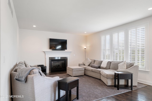 11 Potomac Ct, Freehold, NJ 07728 - living room with dark wood-type flooring, a premium fireplace, and recessed lighting