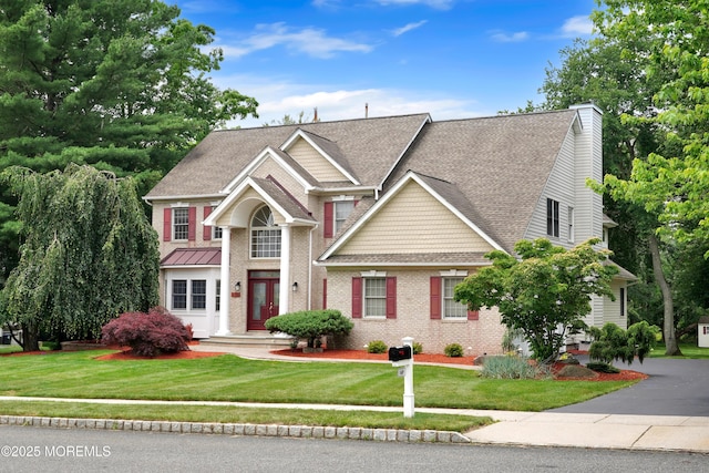 1609 Revere Ln, Wall, NJ 07753 - view of front of home featuring roof with shingles, brick siding, a front yard, and a chimney