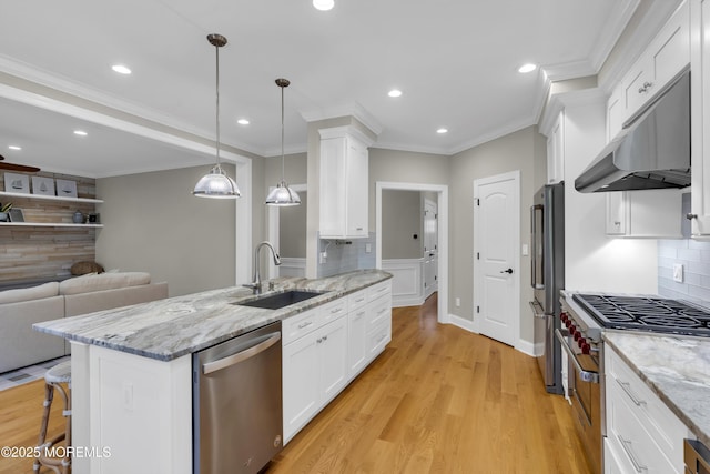 209 Sanborn Ave, Point Pleasant Beach, NJ 08742 - kitchen featuring stainless steel appliances, under cabinet range hood, white cabinets, backsplash, and recessed lighting