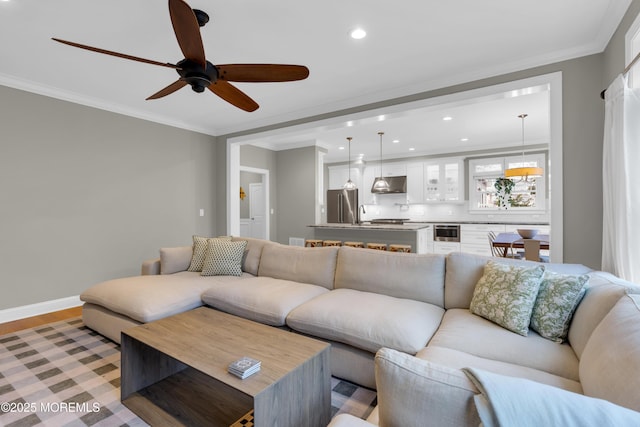 209 Sanborn Ave, Point Pleasant Beach, NJ 08742 - living area featuring ceiling fan, recessed lighting, crown molding, and light wood-style flooring
