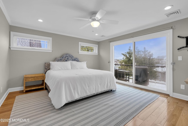 209 Sanborn Ave, Point Pleasant Beach, NJ 08742 - bedroom with access to exterior, light wood-style floors, ornamental molding, recessed lighting, and a ceiling fan