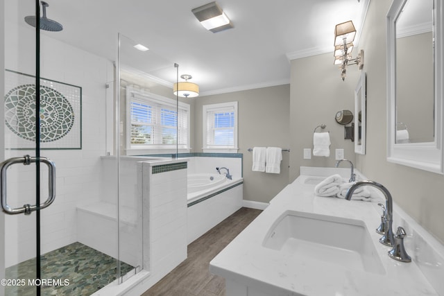 209 Sanborn Ave, Point Pleasant Beach, NJ 08742 - bathroom featuring crown molding, a bath, wood finished floors, a stall shower, and double vanity