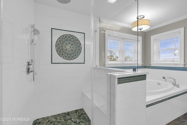 209 Sanborn Ave, Point Pleasant Beach, NJ 08742 - bathroom featuring crown molding, a tile shower, and a bath