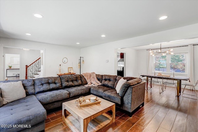 12 Neal Dr, Manalapan, NJ 07726 - living room featuring wood finished floors, recessed lighting, a chandelier, and stairs