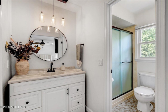 12 Neal Dr, Manalapan, NJ 07726 - bathroom featuring a ceiling fan, vanity, and a stall shower