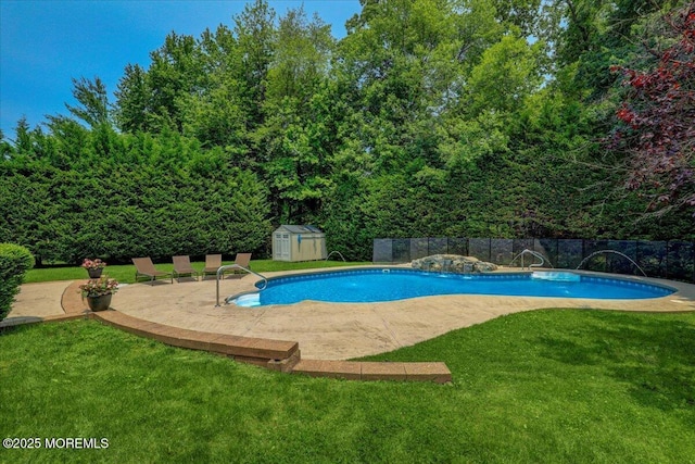 12 Neal Dr, Manalapan, NJ 07726 - view of swimming pool featuring a shed, a lawn, and a patio