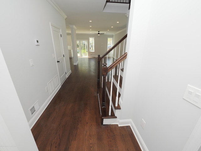 910 Malden Dr, Cliffwood, NJ 07735 - hall with wood finished floors, stairs, crown molding, recessed lighting, and ornate columns