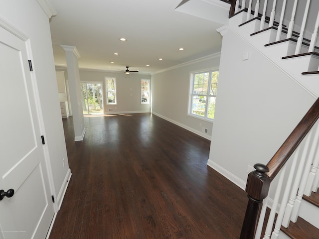 910 Malden Dr, Cliffwood, NJ 07735 - unfurnished living room with ceiling fan, crown molding, stairs, dark wood finished floors, and recessed lighting