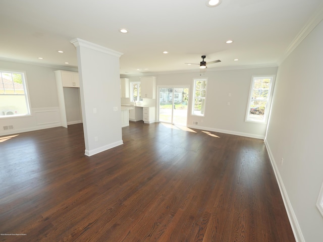 910 Malden Dr, Cliffwood, NJ 07735 - unfurnished living room with crown molding, dark wood-style floors, ceiling fan, and recessed lighting