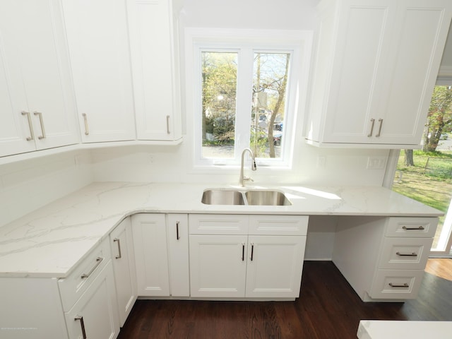 910 Malden Dr, Cliffwood, NJ 07735 - kitchen with white cabinets, dark wood finished floors, and light stone countertops