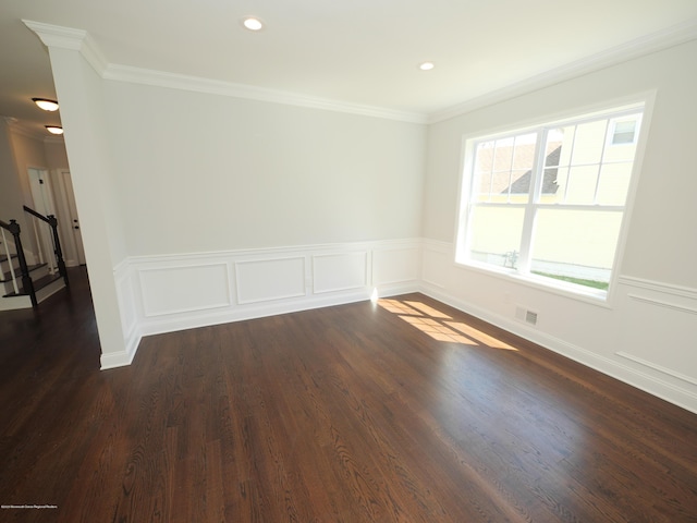 910 Malden Dr, Cliffwood, NJ 07735 - spare room with dark wood-type flooring, a wainscoted wall, recessed lighting, and crown molding