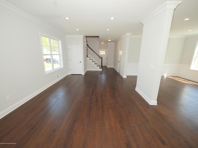 910 Malden Dr, Cliffwood, NJ 07735 - foyer with stairway, dark wood-type flooring, crown molding, and recessed lighting
