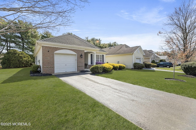 17 Evergreen Springs Dr, Lakewood, NJ 08701 - single story home with brick siding, a garage, asphalt driveway, a front lawn, and roof with shingles