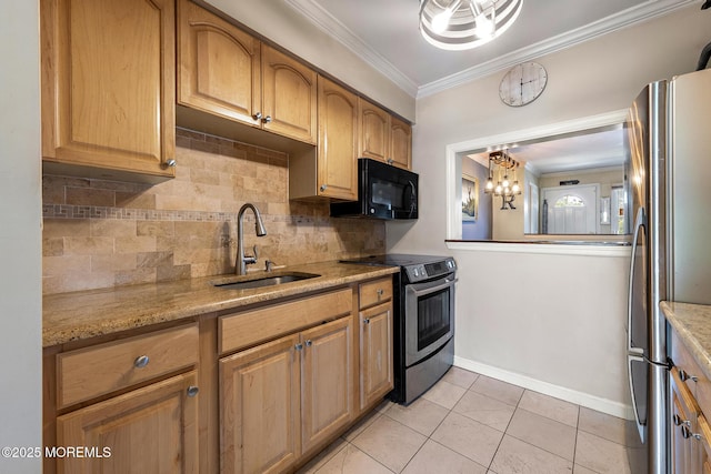 100 Seaview Ave Unit 6-5, Monmouth Beach, NJ 07750 - kitchen with appliances with stainless steel finishes, crown molding, decorative backsplash, light tile patterned floors, and a chandelier
