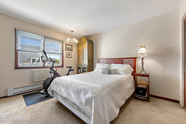 100 Seaview Ave Unit 6-5, Monmouth Beach, NJ 07750 - bedroom featuring a baseboard heating unit, light carpet, and a chandelier