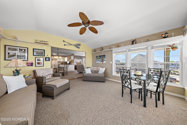 118 S Binnacle Dr, Little Egg Harbor, NJ 08087 - living area with vaulted ceiling, a ceiling fan, carpet floors, and a chandelier