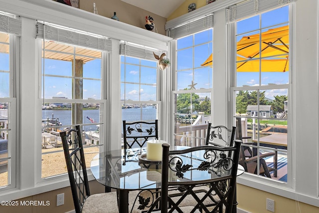 118 S Binnacle Dr, Little Egg Harbor, NJ 08087 - dining area featuring a water view and vaulted ceiling