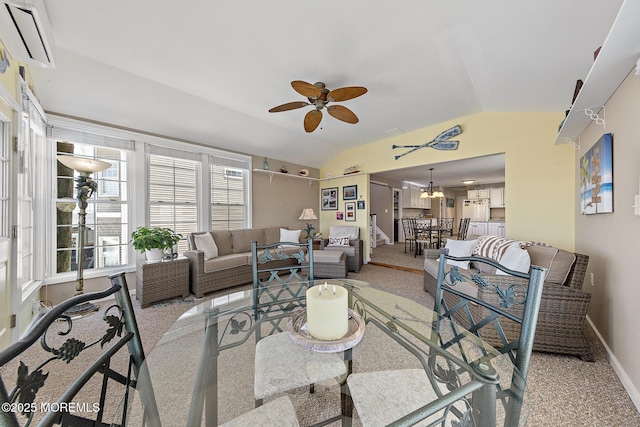 118 S Binnacle Dr, Little Egg Harbor, NJ 08087 - carpeted living room with lofted ceiling, ceiling fan, a chandelier, and a wall mounted AC