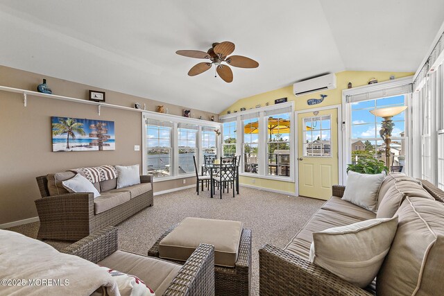 118 S Binnacle Dr, Little Egg Harbor, NJ 08087 - carpeted living area featuring a wall unit AC, a ceiling fan, and lofted ceiling