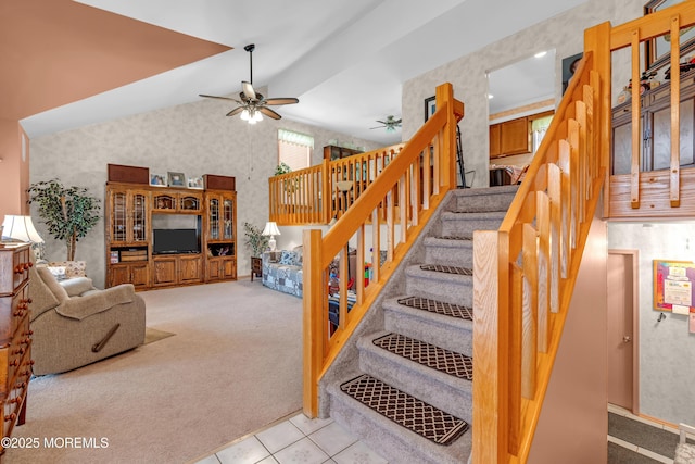 13 Heritage Dr, Howell, NJ 07731 - stairway with ceiling fan, wallpapered walls, carpet flooring, tile patterned flooring, and vaulted ceiling