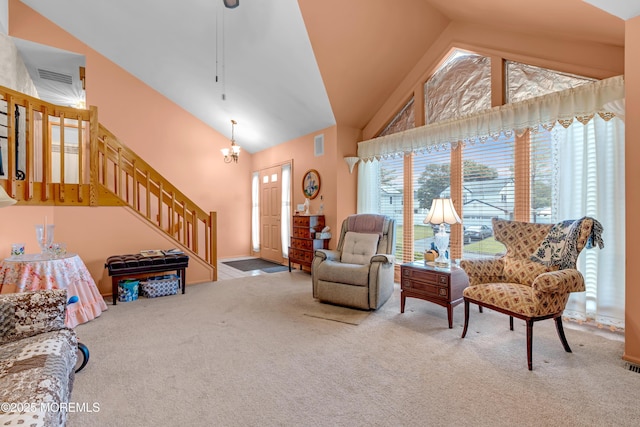 13 Heritage Dr, Howell, NJ 07731 - carpeted living area featuring high vaulted ceiling and stairway